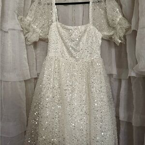 White Sequin Dress with Sheer Sleeves